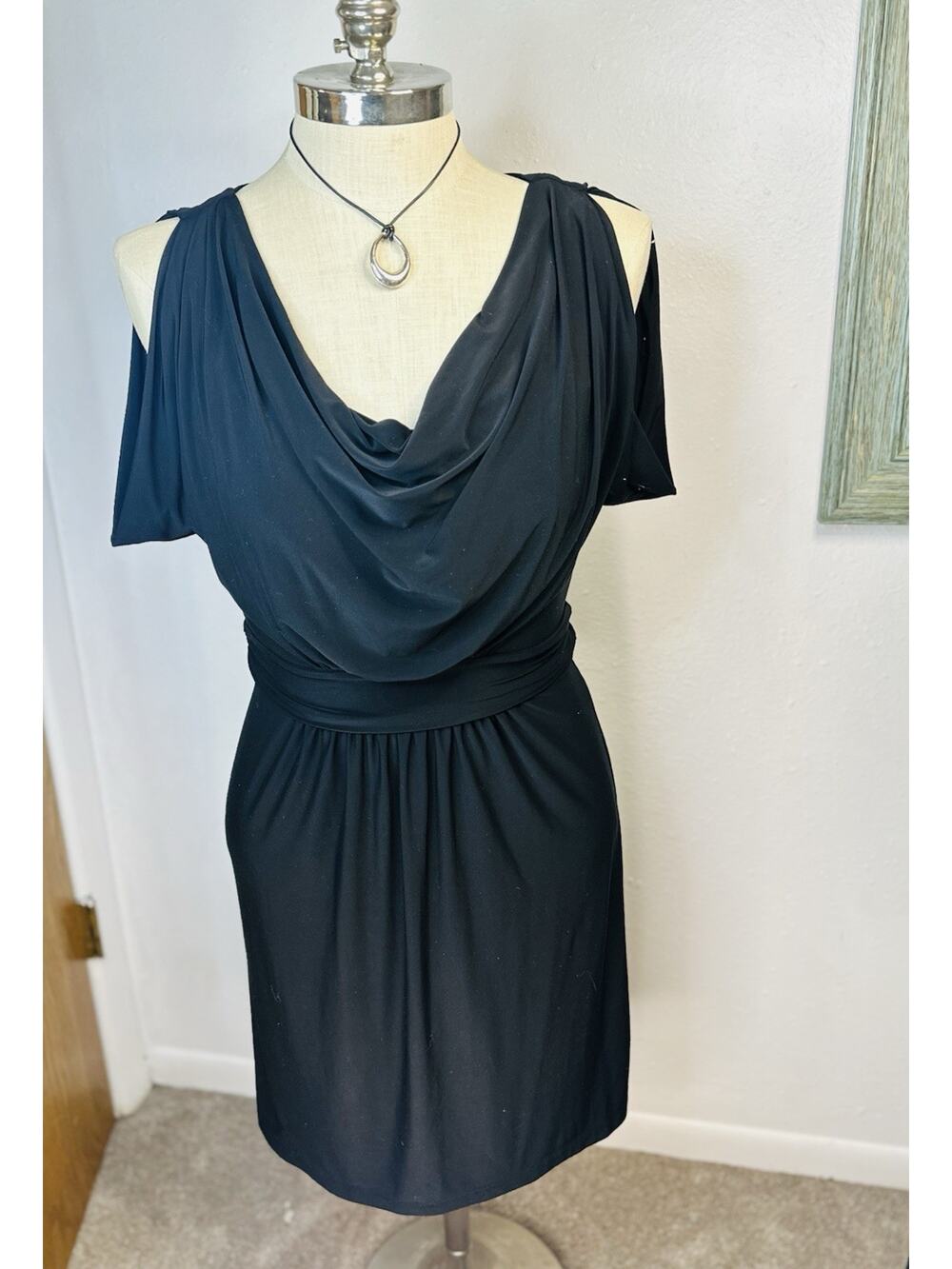 BCBG Paris Y2K Cowl Neck Slit Sleeve Little Black Dress Small